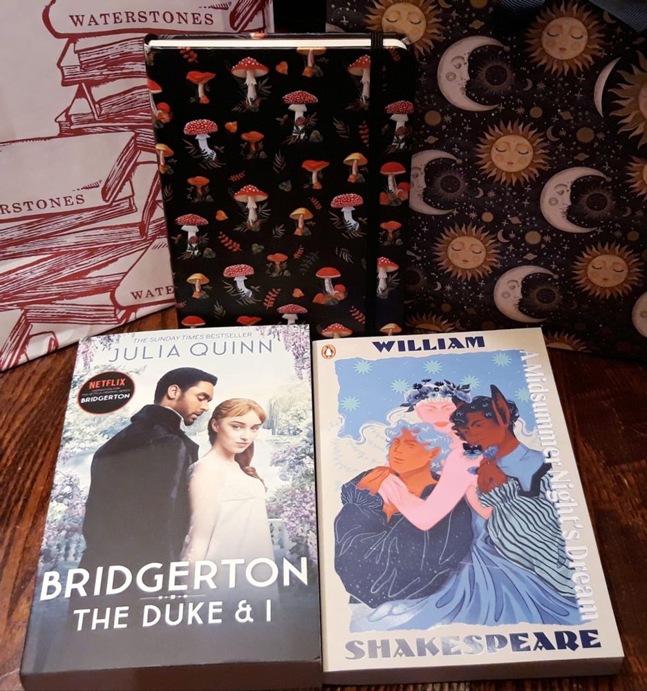 Emily's treat from Waterstones includes "Bridgerton: The Duke and I" by Julia Quinn; William Shakespeare's "A Midsummer Night's Dream"; and a cute notebook with mushrooms on.