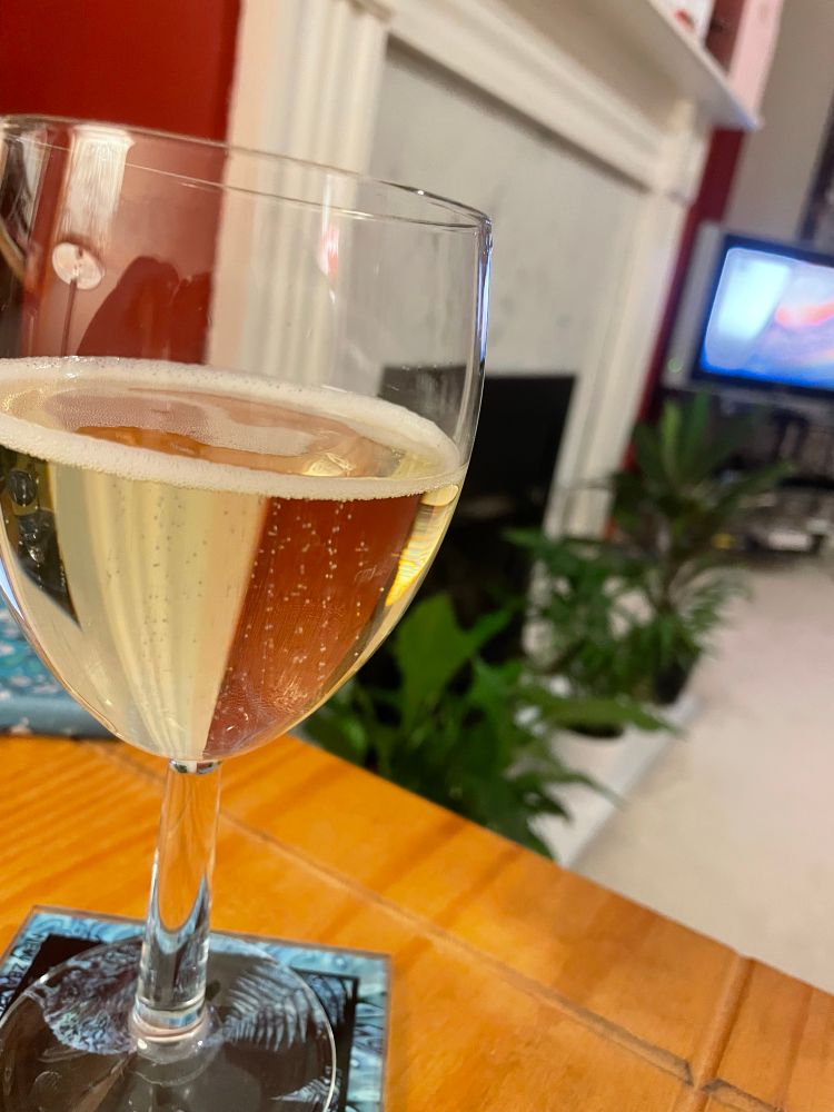 Glass of wine on a table, fireplace, houseplants and the TV in the background. 