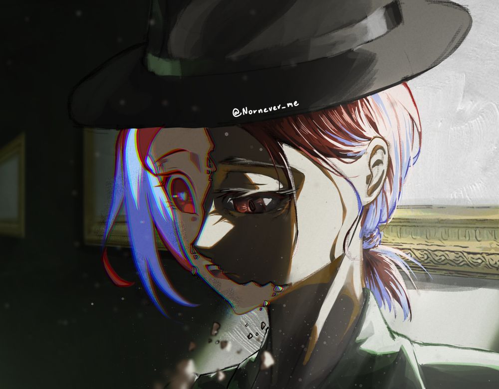 Elizabeth Rose Bloodflame being sad in a dramatic lighting with the cute anime girl mask falling off