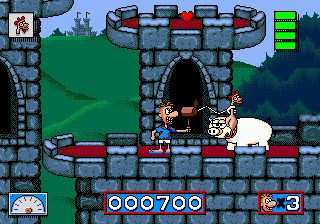 Screenshot of Normy's Beach Babe-o-Rama for Sega Genesis. Normy is in a Medieval England setting, standing in front of a pig. (He is also using a mallet that pops out a rubber chicken, for whatever reason.)