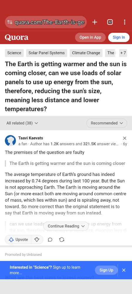 Quora: The Earth is getting warmer and the sun is coming closer, can we use loads of solar panels to use up energy from the sun, therefore, reducing the sun’s size, meaning less distance and lower temperatures?