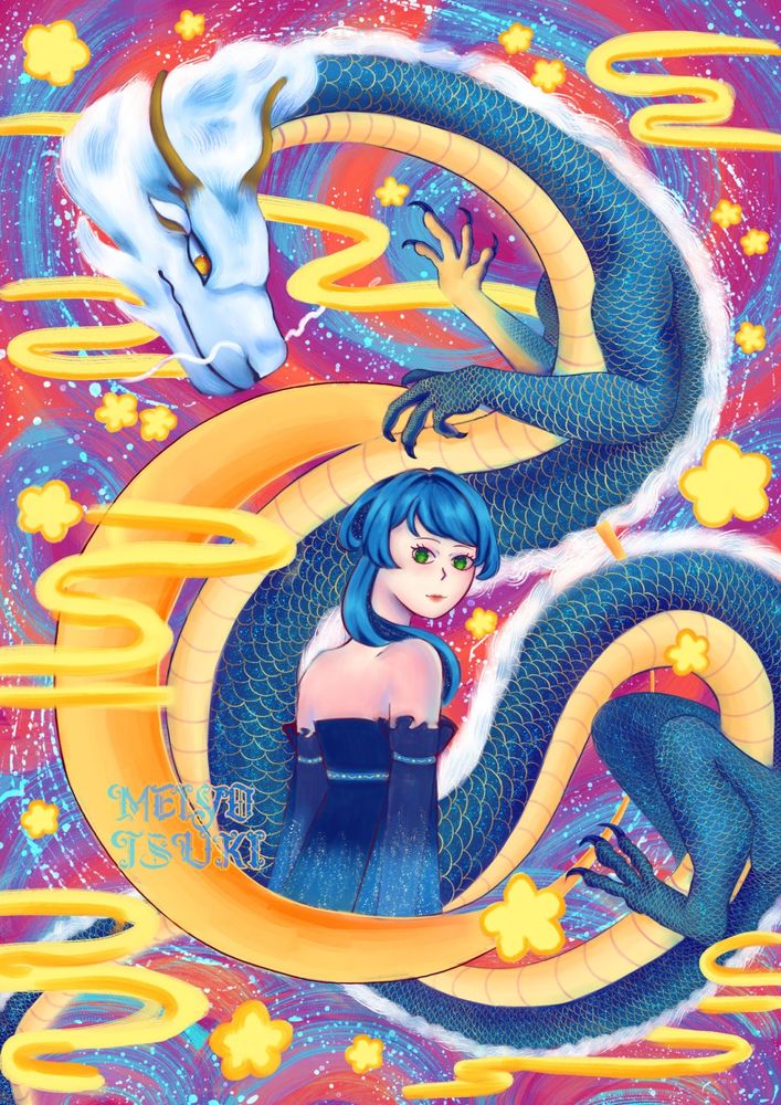 LNY illustration of my OC, Lynette, and a dragon