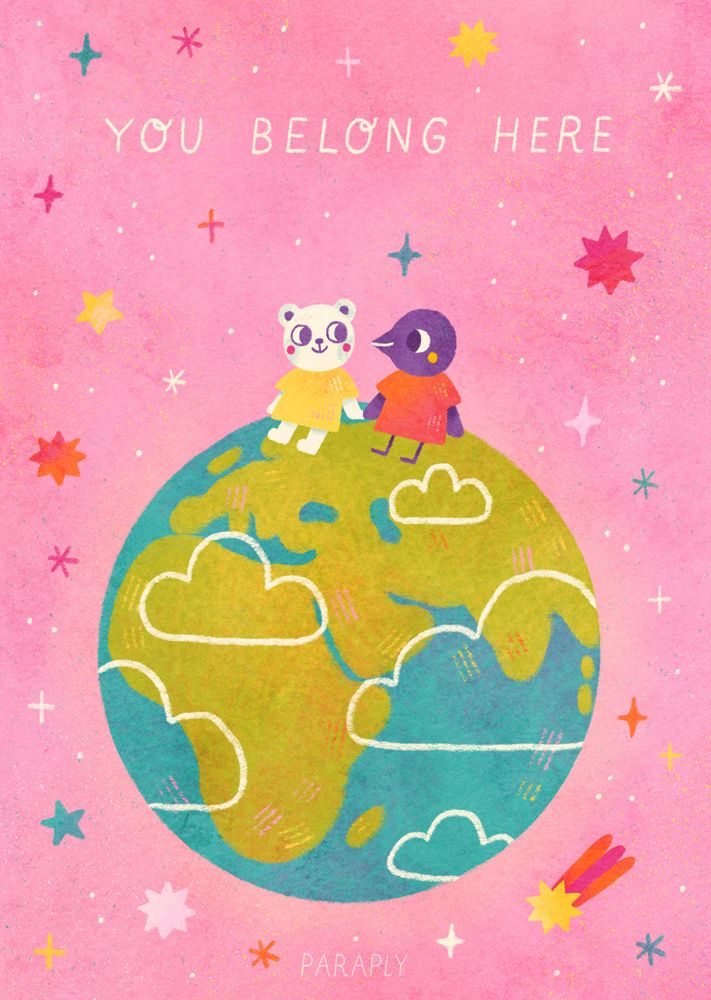 Illustration of the globe on a bright pink background with many colourful stars. On top of the earth, there are a polar bear and a crow holding hands and smiling at each other. The captain says "You belong here".