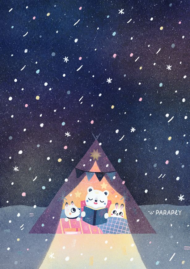 illustration of a tent emitting a warm light in the middle of a snowy and dark night, in it cuddled together is a polar bear reading a book to an arctic fox child and an arctic hare child