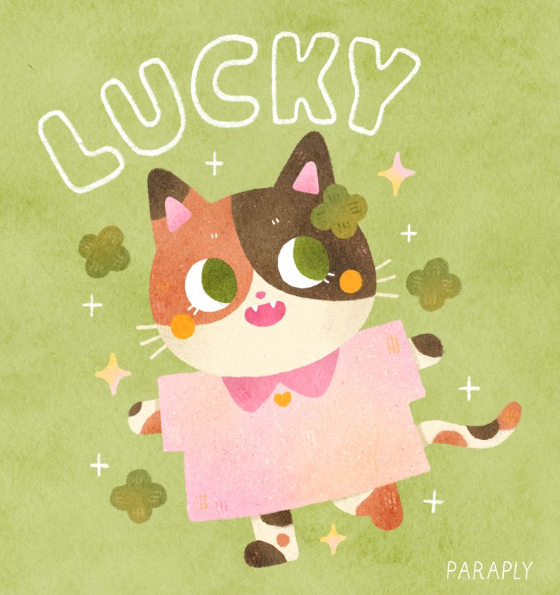 Illustration of a happy calico cat wearing a light pink shirt on a bright green background. They're surrounded by sparkles and four leaf clover and there's the caption "LUCKY" at the top. 