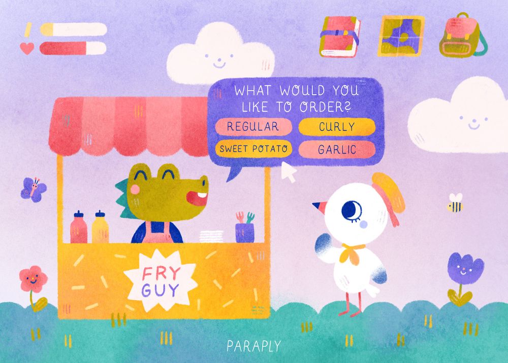 An illustration made to look like a mock up video game screenshot. Mo the seagull is standing in front of a fry booth labelled "Fry Guy", being asked by Zap the crocodile: "What would you like to order?" with the selectable options being Regular, Curly, Sweet Potato and Garlic. 