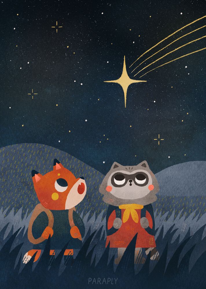 illustration of Rubi the fox and Rikki the raccoon wearing backpacks, standing in wide fields at night, looking up to the sky where a giant shooting star can be seen amidst hundreds of stars