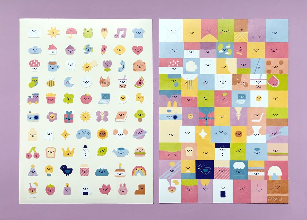 picture of a stickersheet featuring a lot of tiny things with smiley faces