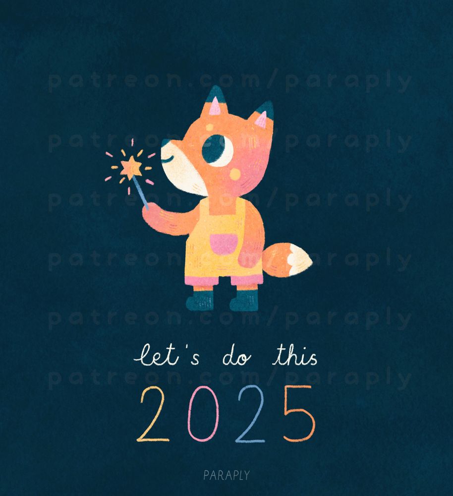illustration of Rubi, my fox character in yellow dungarees, holding a sparkler in her paw, with the text "let's do this 2025" underneath, all on a dark blue background