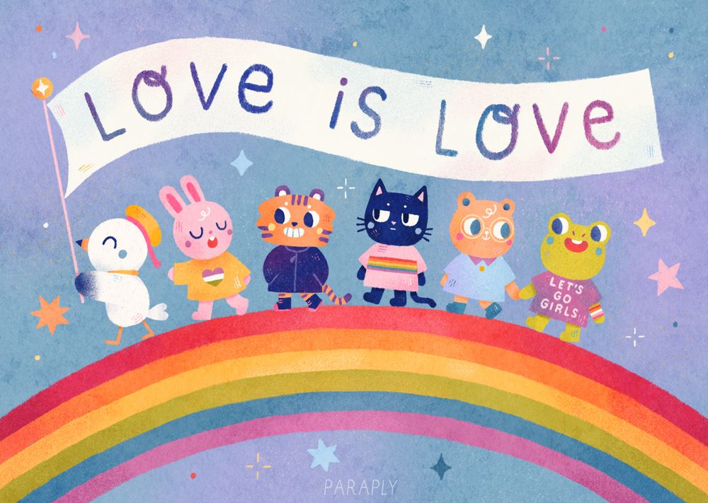 Illustration of a rainbow on a blue starry background. There are animal characters walking across it: Mo the Seagull who is holding a big banner saying "Love is Love" followed by Nim the bunny, Miki the tiger, Skit the Cat, Phib the bear and Lala the frog. 