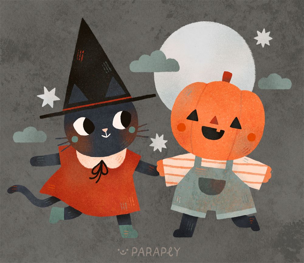 picture of a cat wearing a witch hat and a red dress dancing with a pumpkin-headed guy in front of the full moon