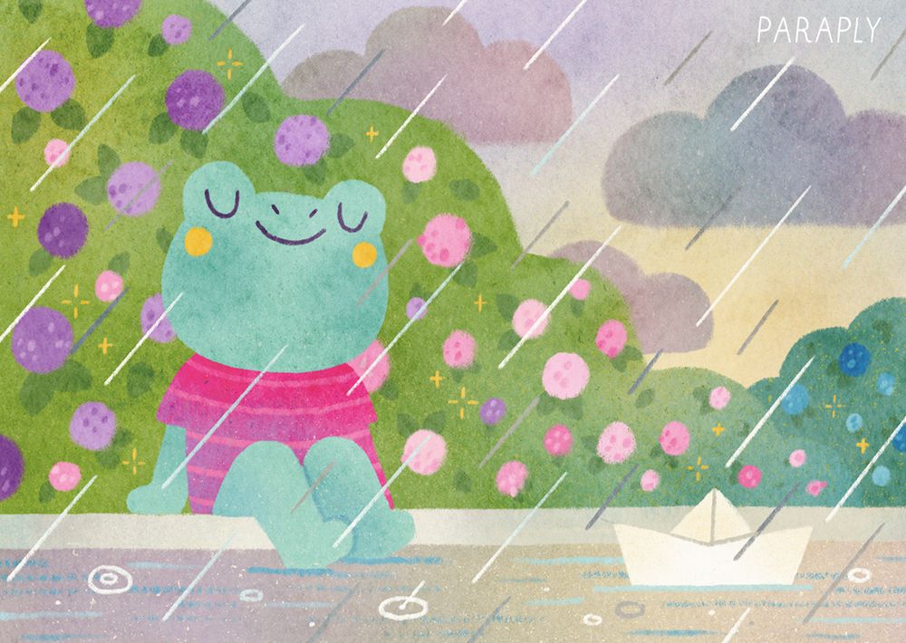 an illustration of a frog in a pink shirt sitting in the rain with their eyes closed and a smile on their face, there are hydrangeas in the background and a paper boat floating in a puddle in the front