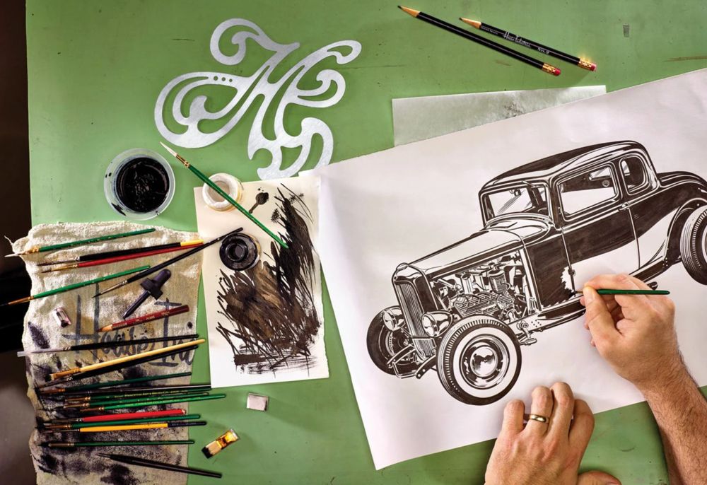 Illustration. House Industries. Traditional illustration. Original art. 1932 Ford. Brush and ink. Hot Rod.