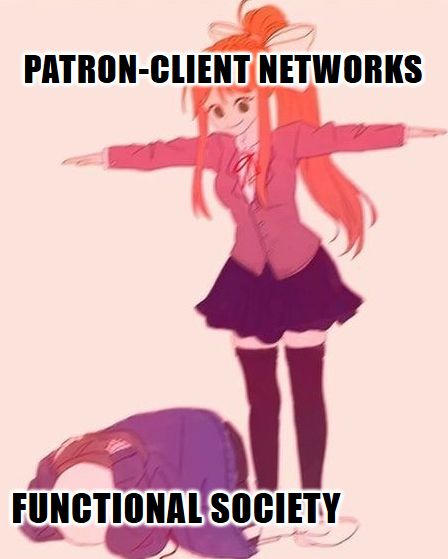 "T-Posing to assert dominance" meme: "Patron-Client networks" and "functional society"