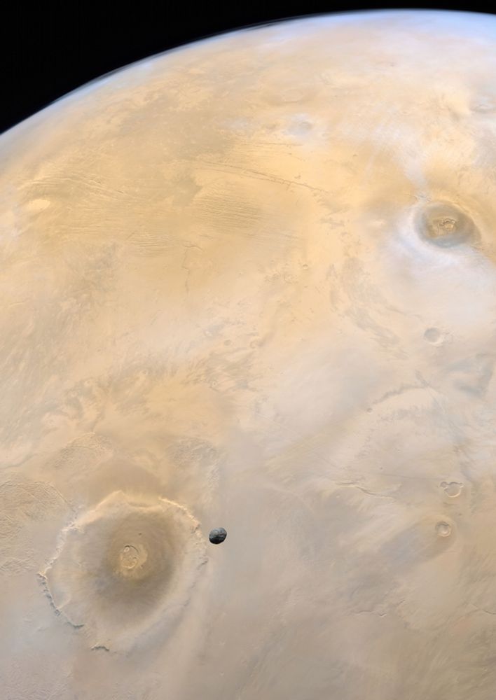A high-resolution color image of Mars with the small, dark, potato shaped satellite Phobos, seen in sharp contrast as it passes over the massive volcano Olympus Mons. Phobos appears irregular and shadowed against the softly rust colored Martian surface. In the distance, two other volcanic features Ascraeus Mons (upper right) and the flatter Alba Mons (upper left) are visible. Wisps of light clouds and the blackness of space frame the planet’s curved horizon.