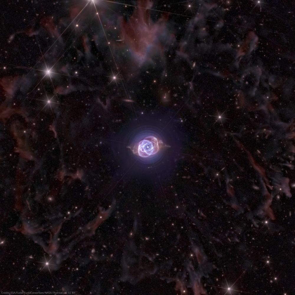 This image presents a stunning deep space view centered on the Cat’s Eye Nebula, with intricate structures and vibrant colors. The nebula itself glows in an ethereal blue and violet hue, surrounded by delicate, symmetrical, and concentric gaseous layers that form its iconic shape. The surrounding space is filled with an intricate web of faint reddish and brownish wisps on the outer region surrounding the nebula. Bright stars with distinct diffraction spikes punctuate the scene, adding depth and contrast to the dark, star speckled background. Numerous galaxies are also visible in the background. The image showcases a great balance between sharp details in the nebula's core and the softer, ghostly tendrils of interstellar gas beyond.
