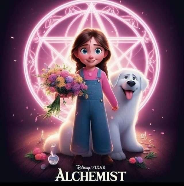 A little girl and a dog with a Disney Pixar logo and titled alchemist