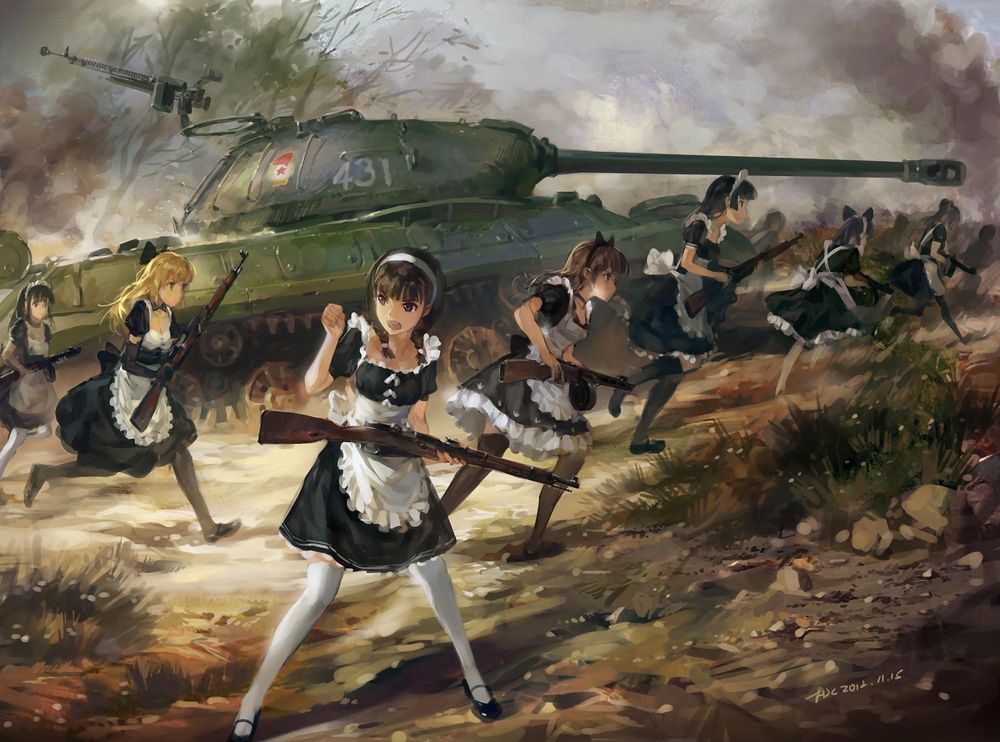 Anime French maids fighting on the front lines alongside a tank