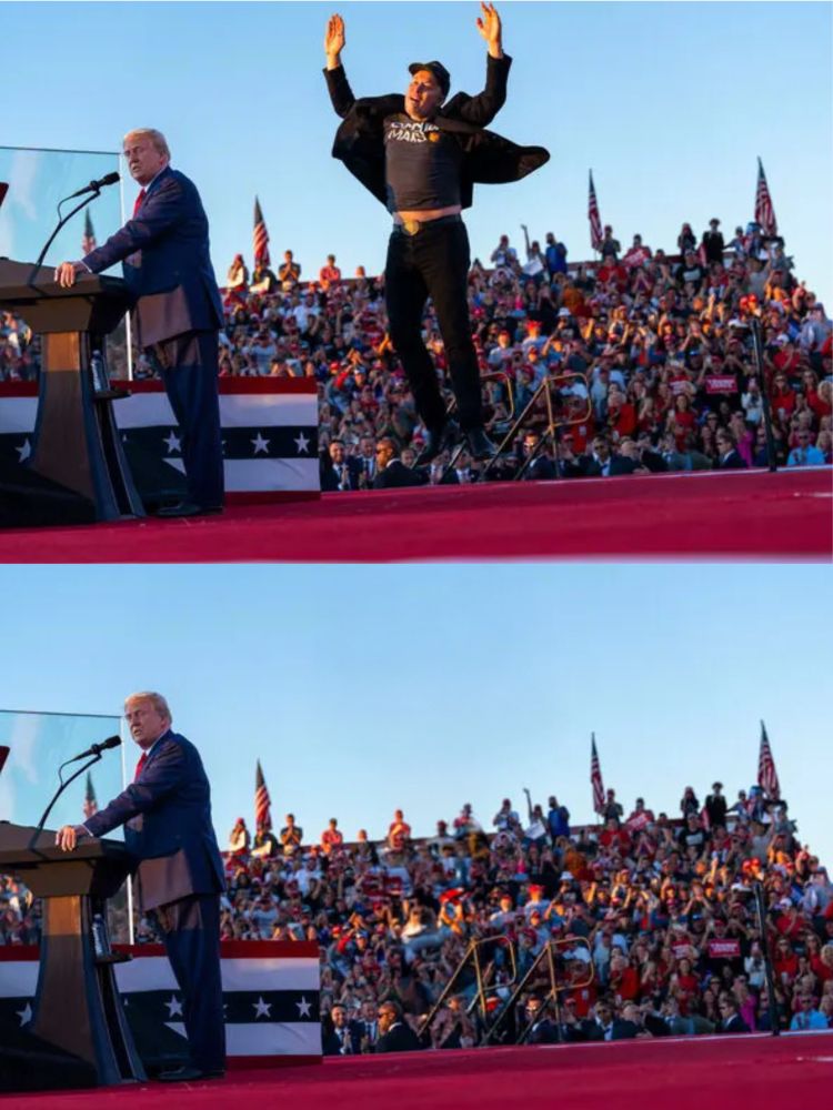 two images
the top one a photo of elon jumping like a dipshit behind trump at a rally
the second the same photo with elon photoshopped out a la the old stalin photo 