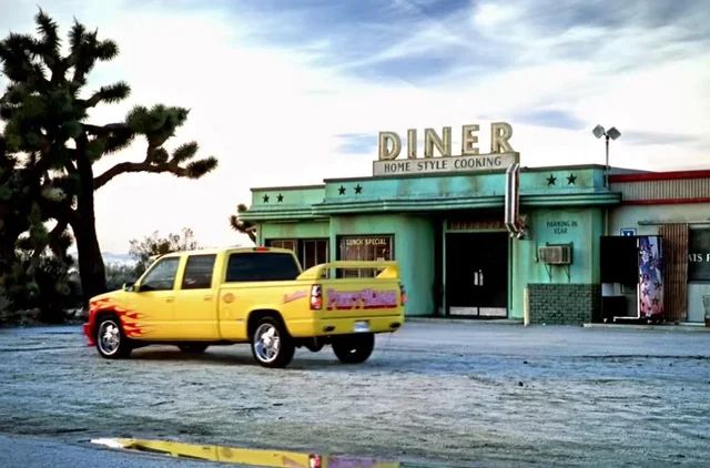 the diner in telephone with the pussywagon out front