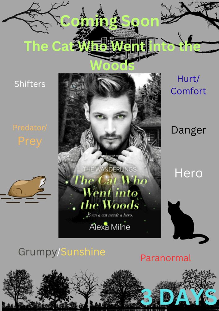 Shows a book cover with MC Harry Katt. His brother Thom is MC in book 1. Pictures of woods, a cabin, a cat and a beaver. Tropes in the story, 3 days until publication.