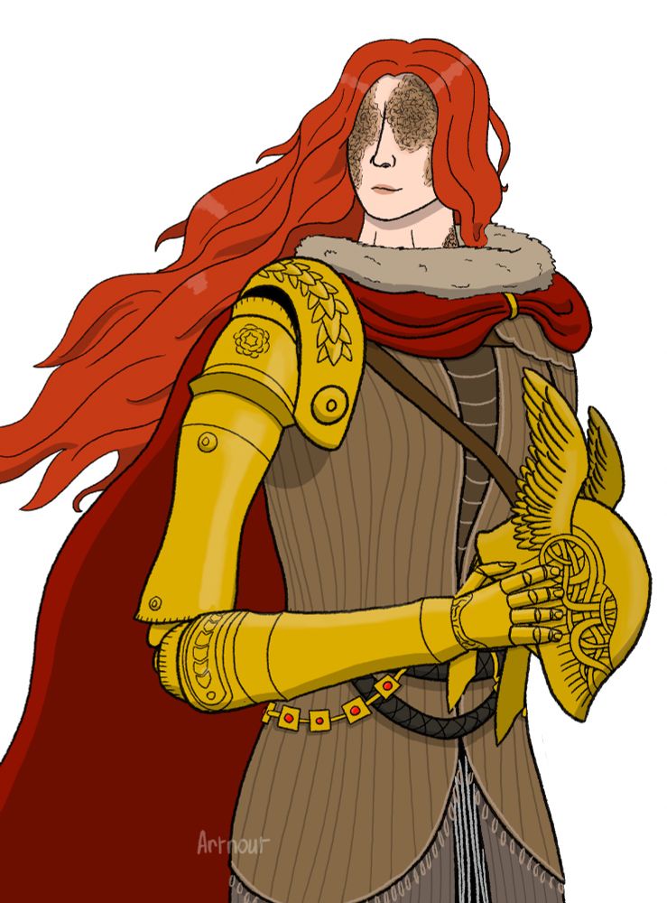 Malenia from Elden Ring holding her helmet