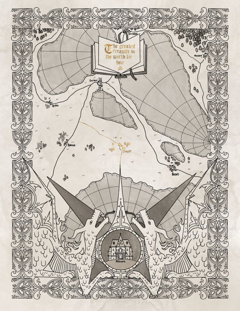 A tea stained grayscale treasure map for The Rupee Table - within the detailed border is a map with several lakes, a compass flanked by two dragons at the bottom, and a book at the top with a secret message 