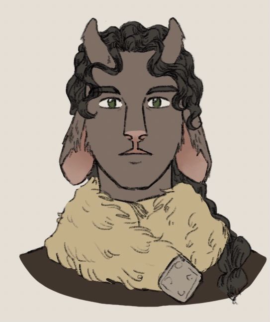 Lynley Ross - tiefling/firbolg with warm gray fur, pink undertones, dark green eyes, long wavy black hair tied in a braid, two small horns, and is wearing a fur collar with a brown jacket 