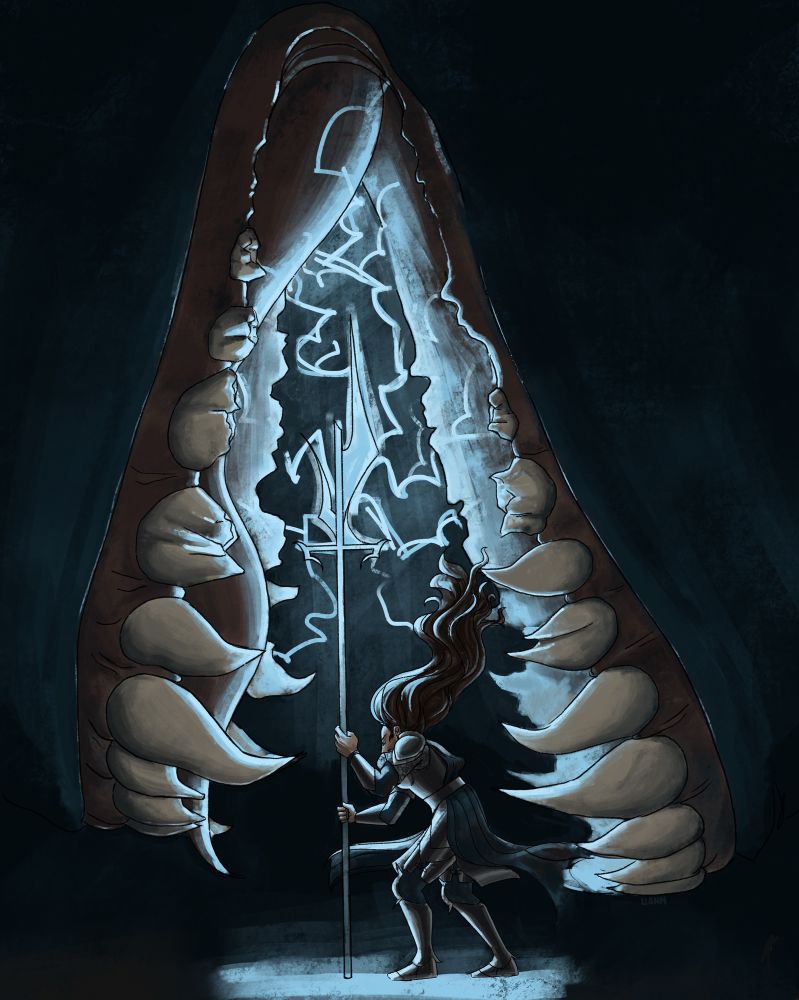 Sophia (gurps), with her long hair thrown upwards, holding a spear that is buzzing with electricity, all inside the mouth of a dragon