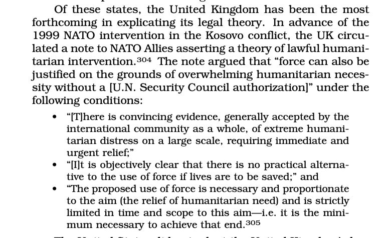 UK 1999 Kosovo humanitarian intervention criteria