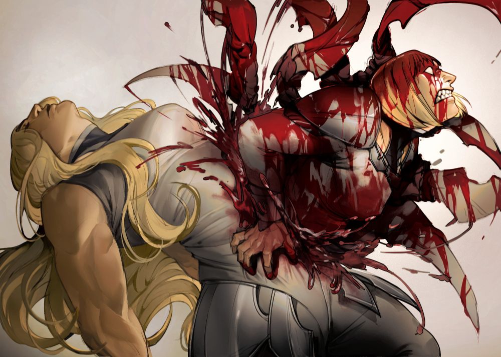 A drawing depicting Teresa of the Faint Smile and Clare from the manga Claymore. Teresa is leaning back with her eyes closed, with a peaceful yet solemn expression on. From her abdomen, Clare is bursting out in a spray of blood, evocative of a messy birth. 