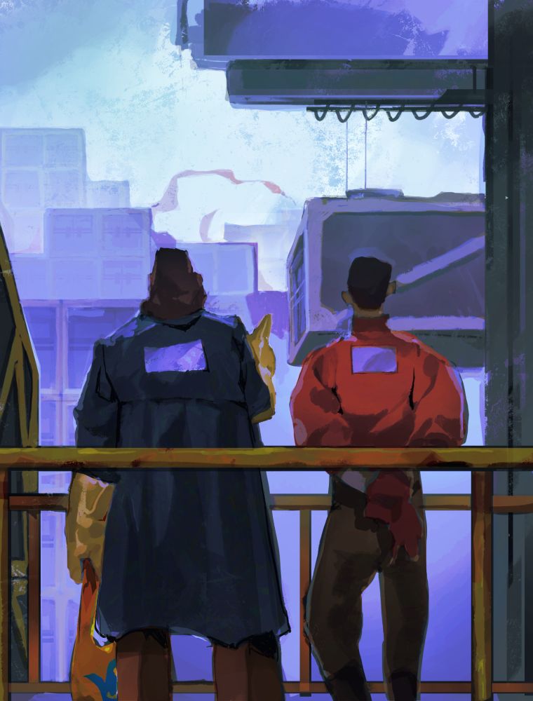 Digital painting depicting Harrier Dubois and Kim Kitsuragi from the game Disco Elysium, stood on a metal walkway overlooking the harbour. The mood is chilly due to a pale blue/lilac tone throughout. Harry is wearing a black cloak, yellow gloves and is carrying a shopping bag. He points to something in the background. Kim stands next to him with his hands clasped behind his back. Their backs face the viewer.