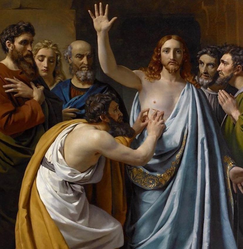 A painting of Jesus and his disciples, with his arm raised, and Thomas touching his scar
