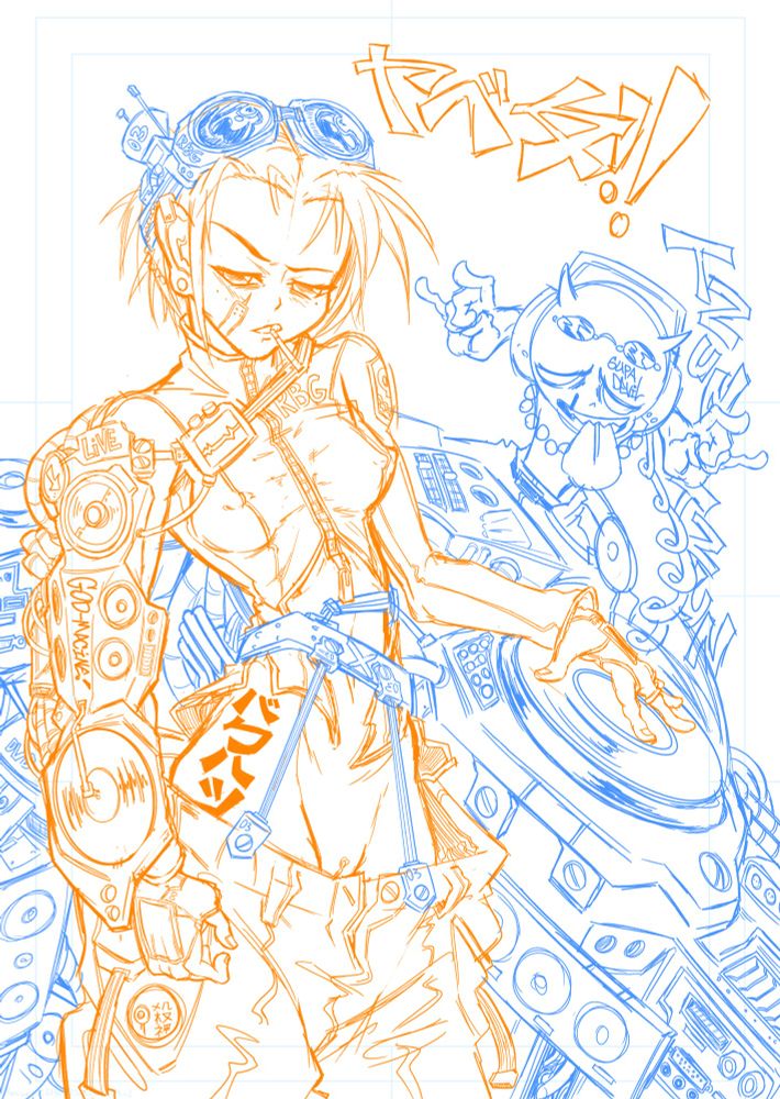 Hot lady in a skin-tight top and high-tech gear standing with her pelvic area exposed. She's leaning on a DJ set turntable being manned by an imp devil.