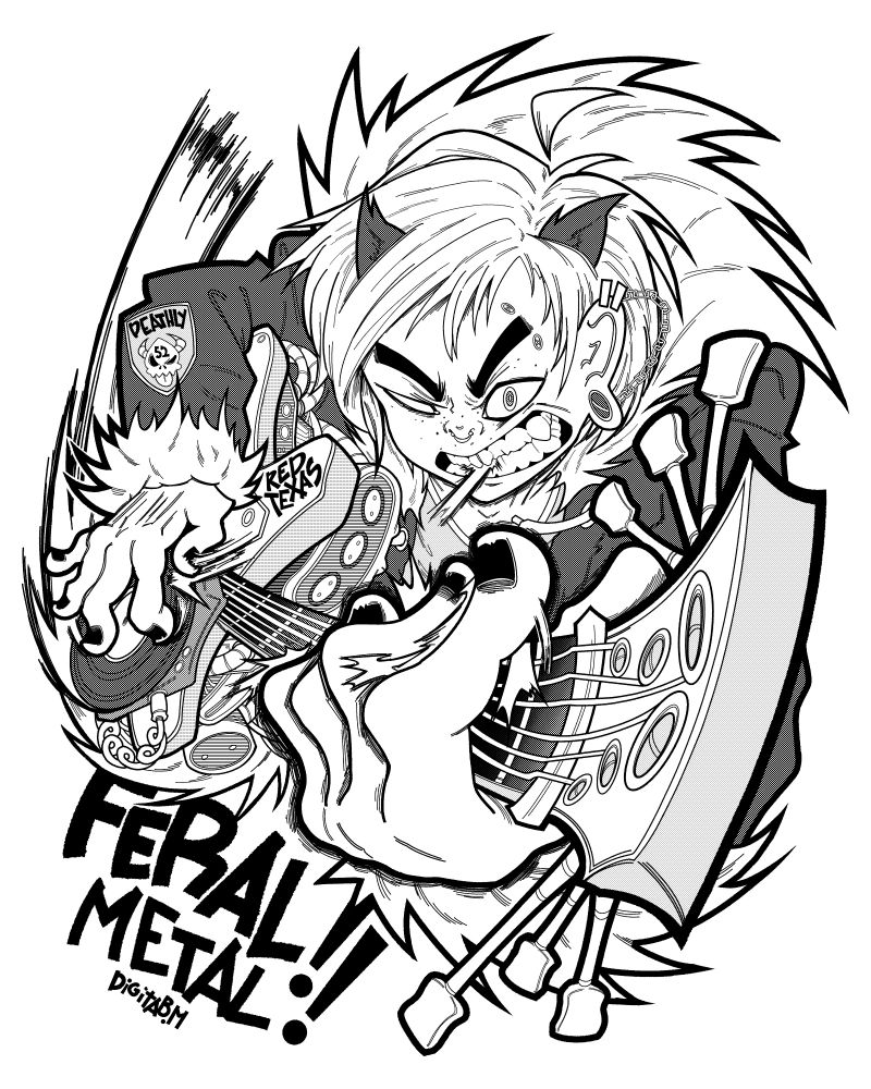 Manga style drawing of @punkbrock.bsky.social's sona Punk Brock shredding a heavily modified electric guitar while grimacing violently.
"FERAL METAL" is written underneath.