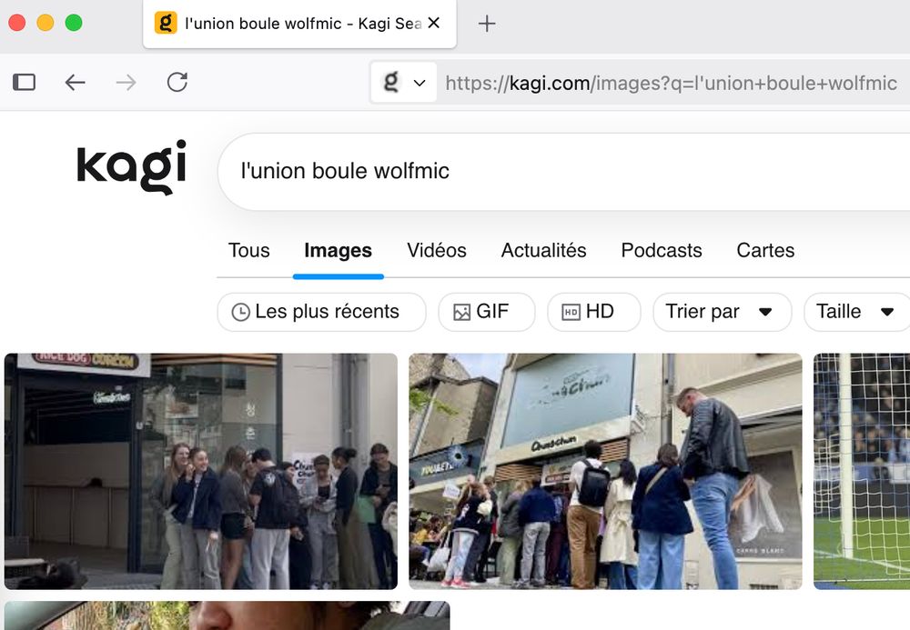 Recherche Kagi : "l'union boule wolfmic", affichant ce qui est recherché

La balise title, l'URL et le champ de recherche ont été trafiqués