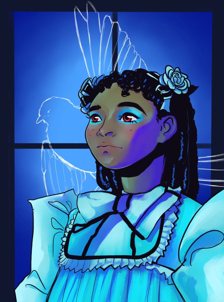pic of beautiful  iwtv fanart of claudia. she's standing in front of a window with a white silhouette bird near her.  she's wearing a  blue baby doll dress from s/2. 