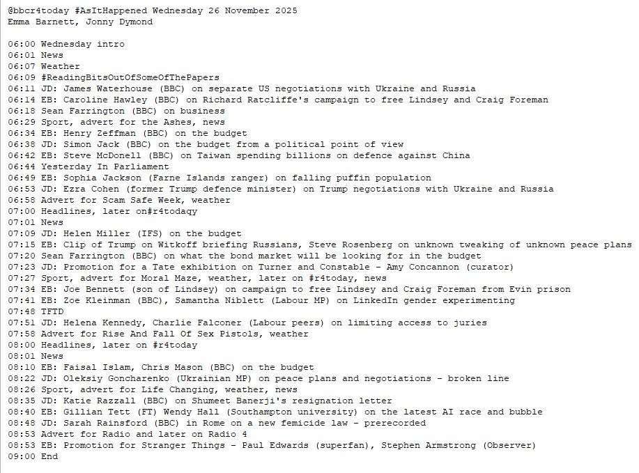 Record of the items on BBC Radio 4 Today on 26 November 2025