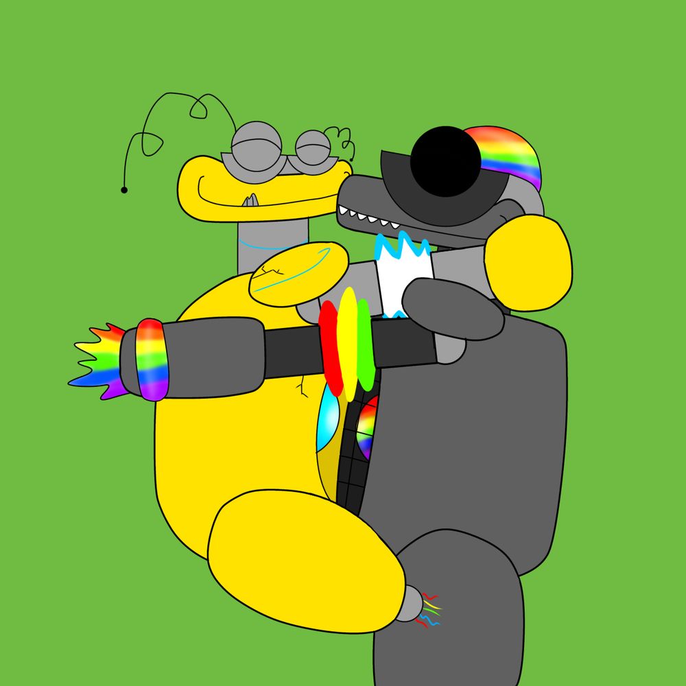 Rainbow picking up Fuzzball and nuzzling Fuzz’s right cheek affectionately. Both are smiling with their eyes closed.