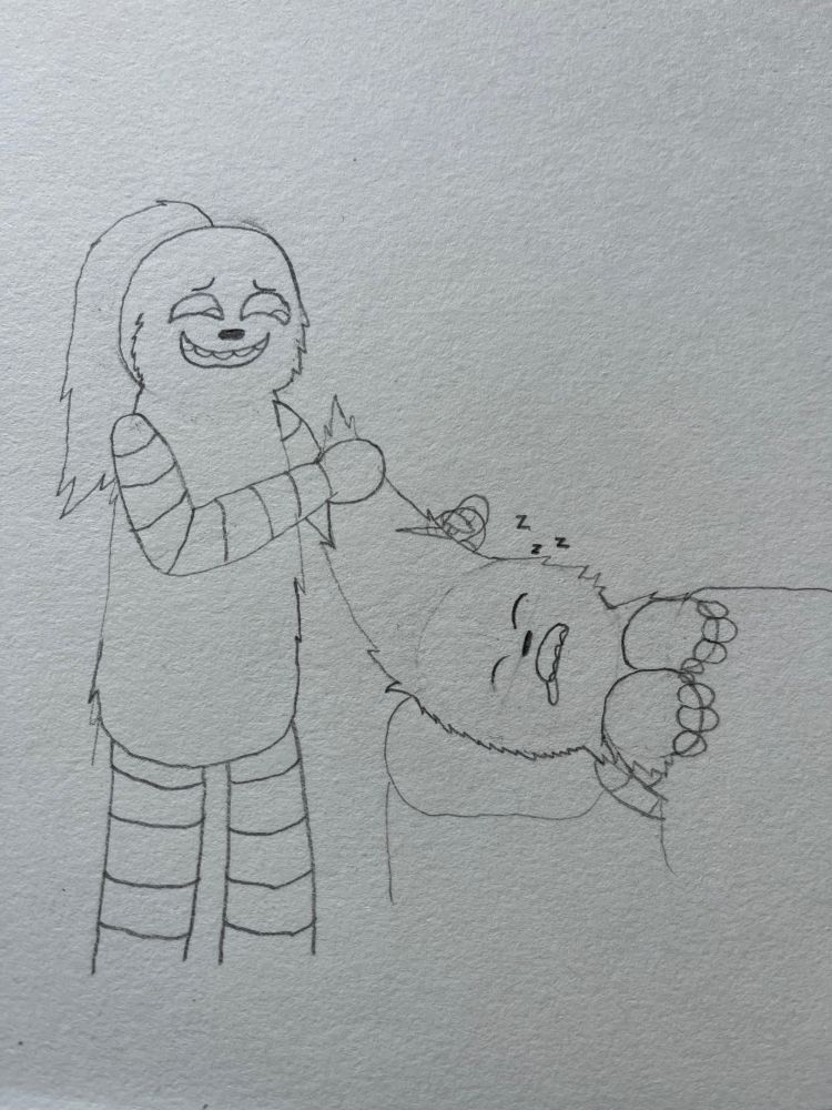 A Hoola holding up the long hair of a PomPom with a pair of scissors in the other hand near the middle of the hair. The Hoola is laughing quietly to themselves while the PomPom is passed out in bed snoring away and drooling slightly.