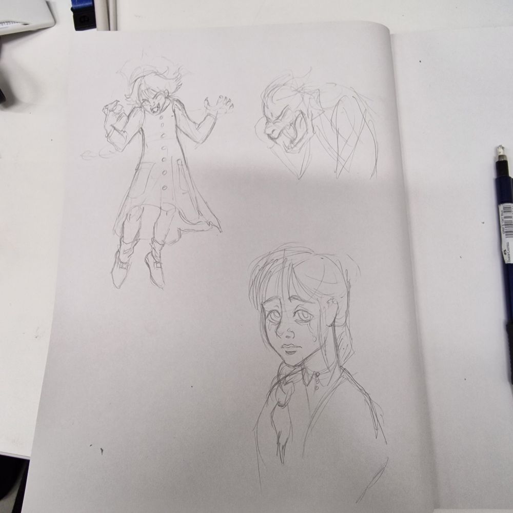 Assortment of pencil sketches for an upcoming comic I'm working on. The top left shows a little girl floating and screaming in anger as she beats her teeth and claws. 

Top right shows the same girl transforming into a beast. Bottom right shows drawing of girl with braided hair wearing a grey scarf over her shoulders. She looks scared and has just been crying.