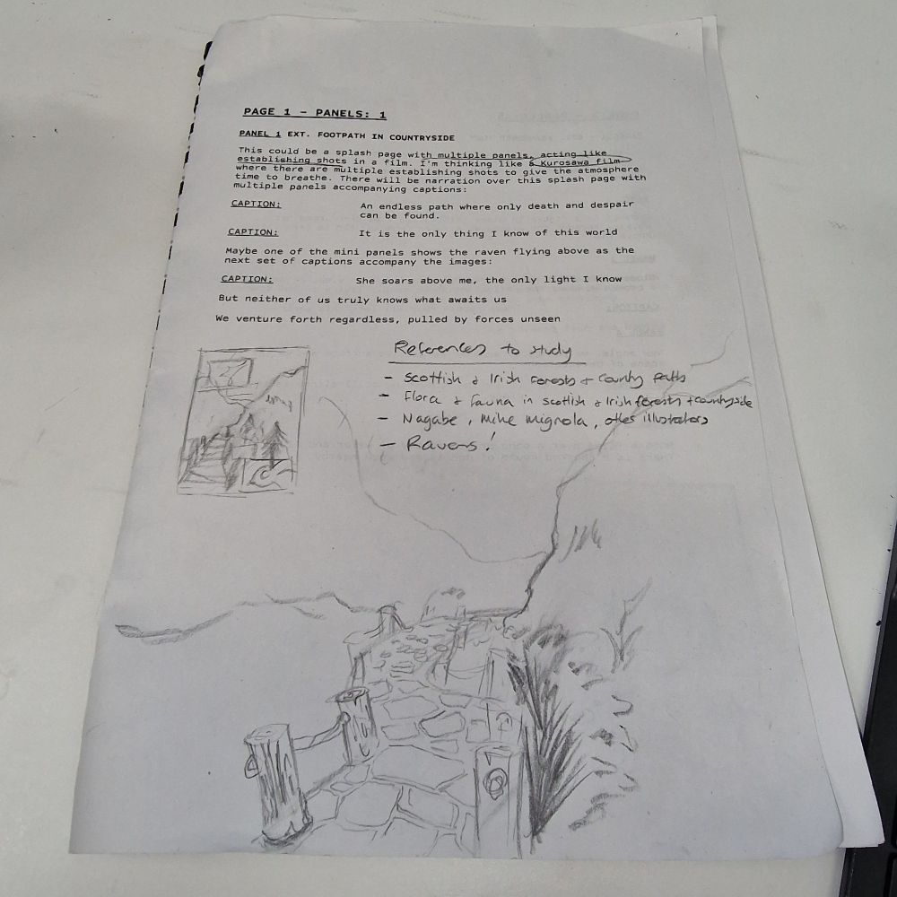 Page of comic script draft with sketches of the layout and notes.