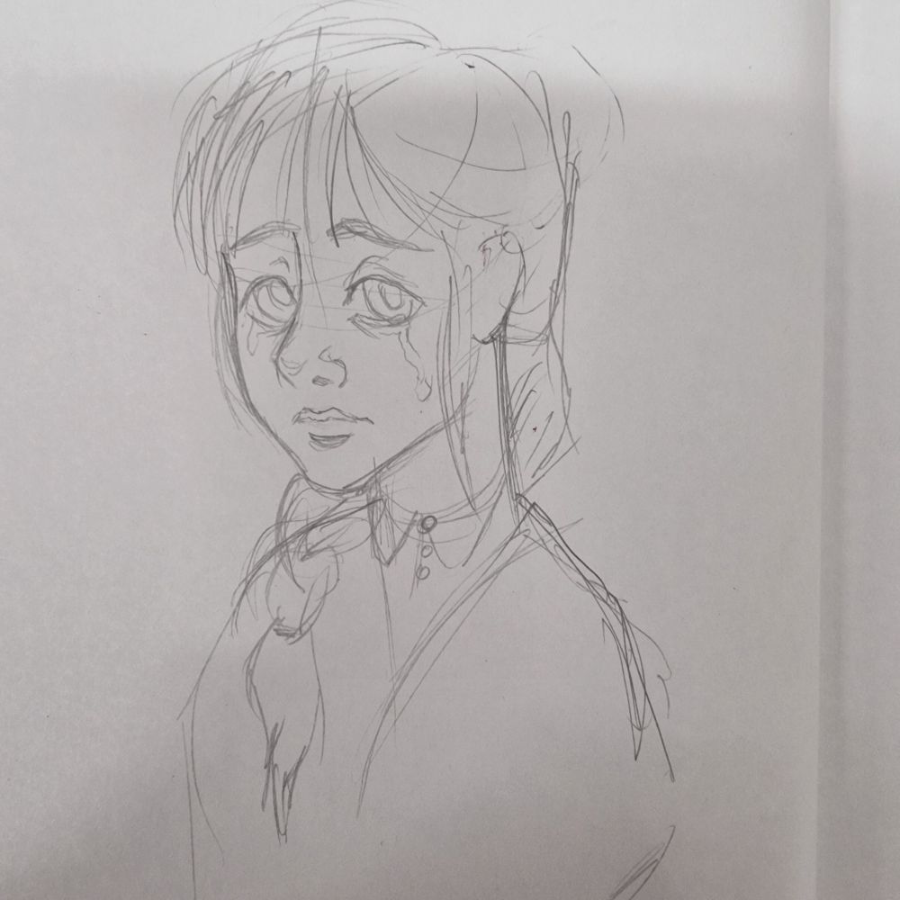 Pencil drawing of girl with braided hair wearing a grey scarf over her shoulders. She looks scared and has just been crying.