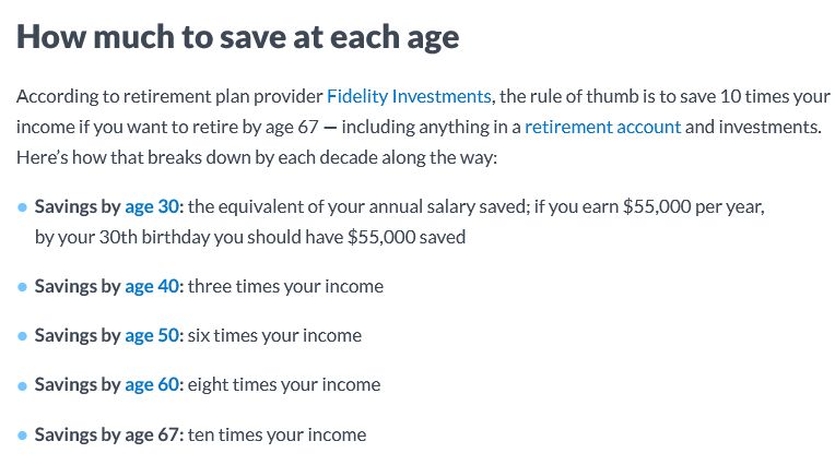 How much to save at each age

According to retirement plan provider Fidelity Investments, the rule of thumb is to save 10 times your income if you want to retire by age 67 — including anything in a retirement account and investments. Here’s how that breaks down by each decade along the way:

    Savings by age 30: the equivalent of your annual salary saved; if you earn $55,000 per year, by your 30th birthday you should have $55,000 saved
    Savings by age 40: three times your income
    Savings by age 50: six times your income
    Savings by age 60: eight times your income
    Savings by age 67: ten times your income