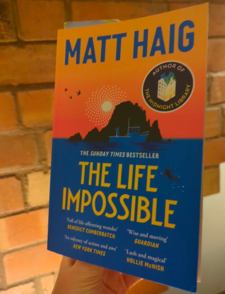 A copy of The Life Impossible by Matt Haig. The cover has blue sea, a rocky island in silhouette, and a orange/pink sky.