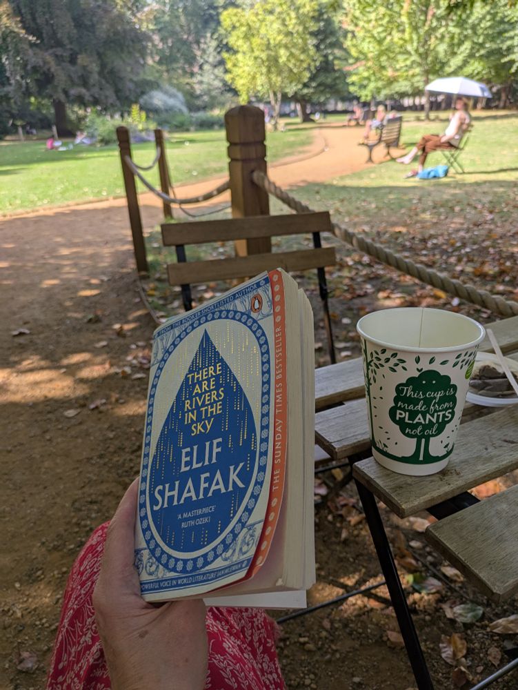 A copy of There Are Rivers in the Sky by Elif Shafak, with a sunny day in the park shown in the background 