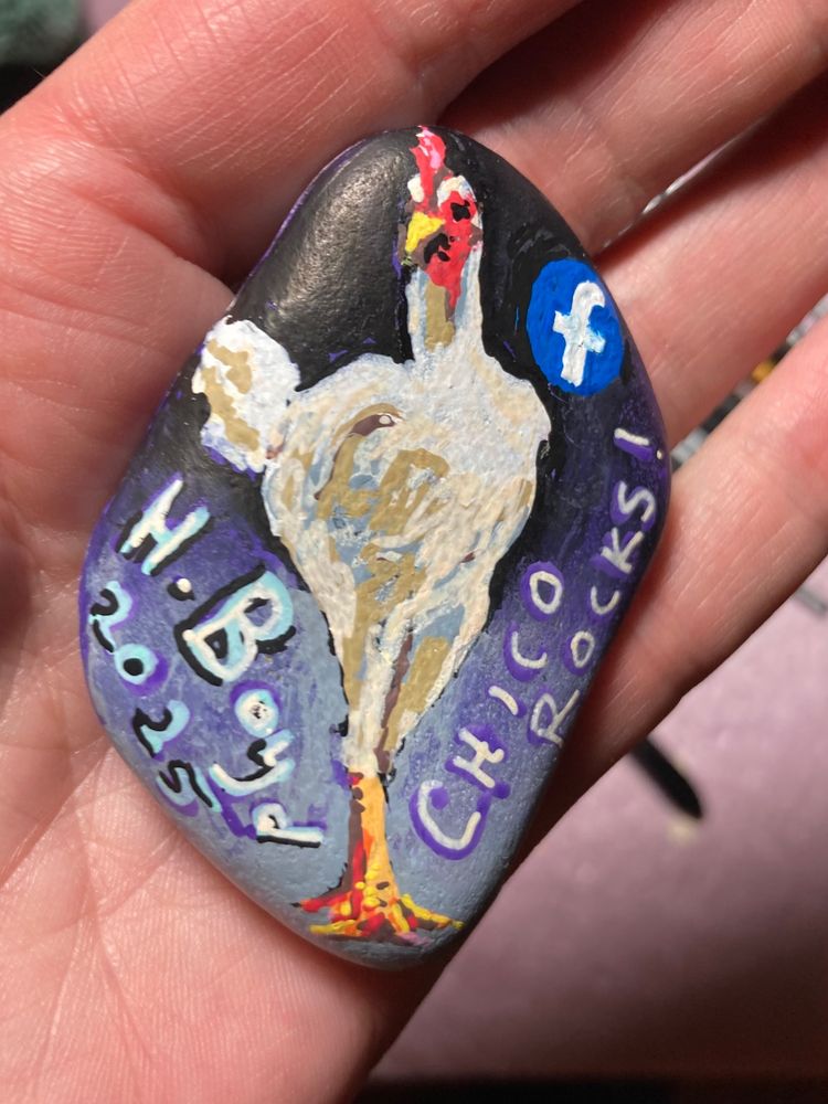 The other side of the painted rooster rock. A white hen stands rather demurely against a black and purple background. To the left of her is written the artist’s name “H. Boyd” and “2025”. To the left of the hen is written “Chico Rocks!”, and the Facebook logo is painted above that. 