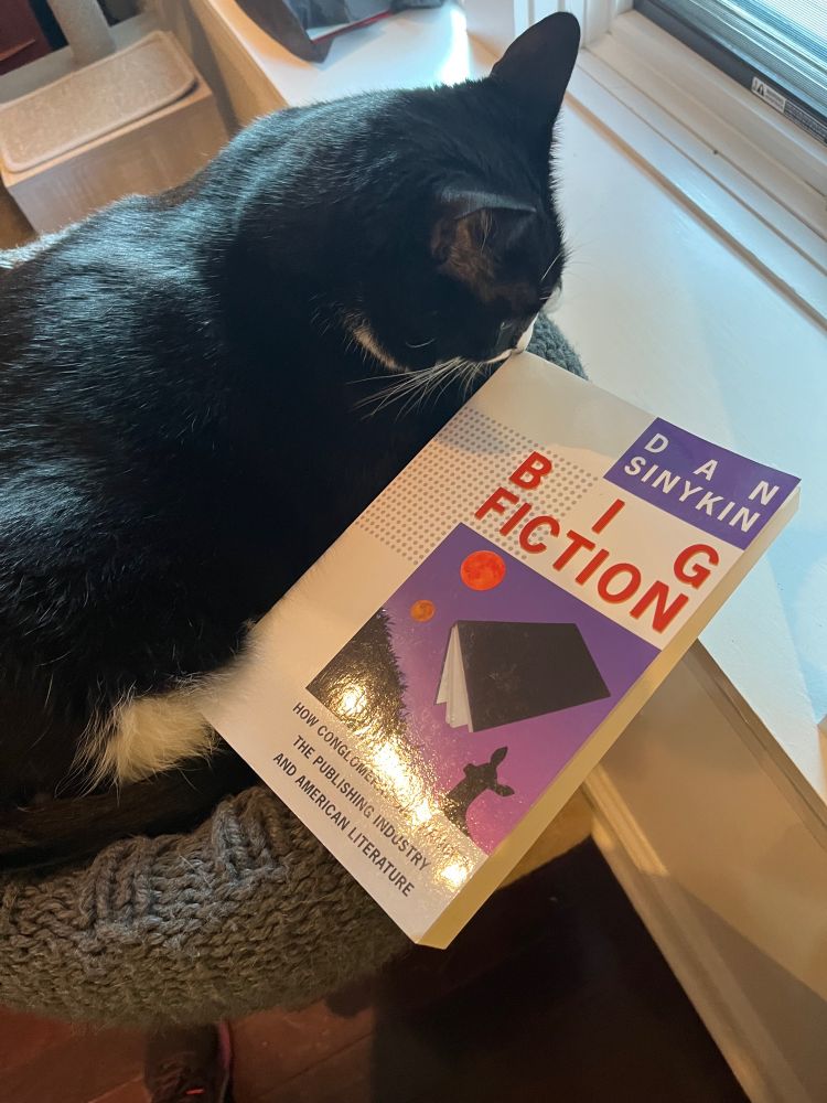 A lorge tuxedo cat sniffs the book BIG FICTION by Dan Sinykin