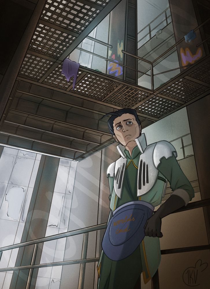 a low-angle shot of the client's oc, fork, standing in a warehouse-like area leaning against a rusted railing. fork wears a green tunic/pants with a metal chestplate that hangs over his shoulders, as well as a blue apron that says "world's end." he has black hair and gray eyes with heavy eye bags and sharp cheekbones. he looks off into the distance somewhere off-camera, a sad look on his face. in the background, large metal support beams rise into an unseen ceiling, holding up a rusted metal walkway a floor above him. the windows of the area stretch all along the height of the far wall, casting a grayish light on the whole scene.