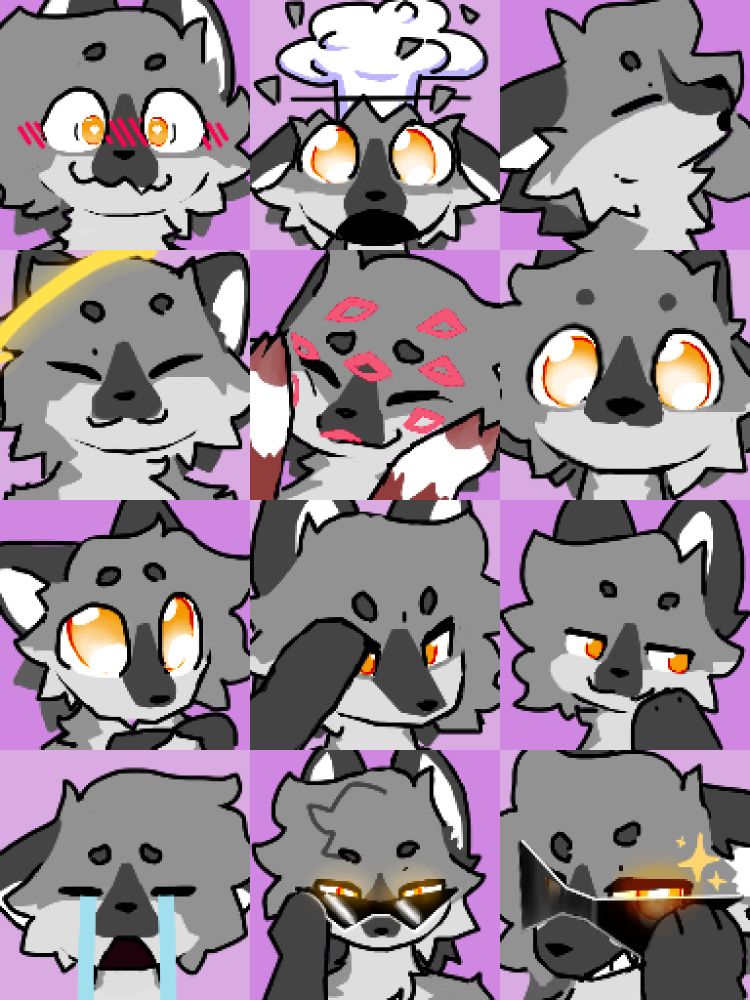 emotes in order left-to-right, line by line: flustered, mindblown, howling, innocent and angelic, covered in his wife's kisses, looking closely at the camera, pleading, saluting, smugly grinning, sobbing, peeking from sunglasses, and grinning while peaking from sunglasses